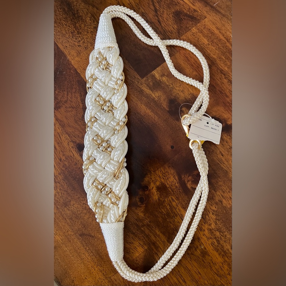 Vintage Ivory Braided Rope Belt with Faux Pearls & Gold Thread